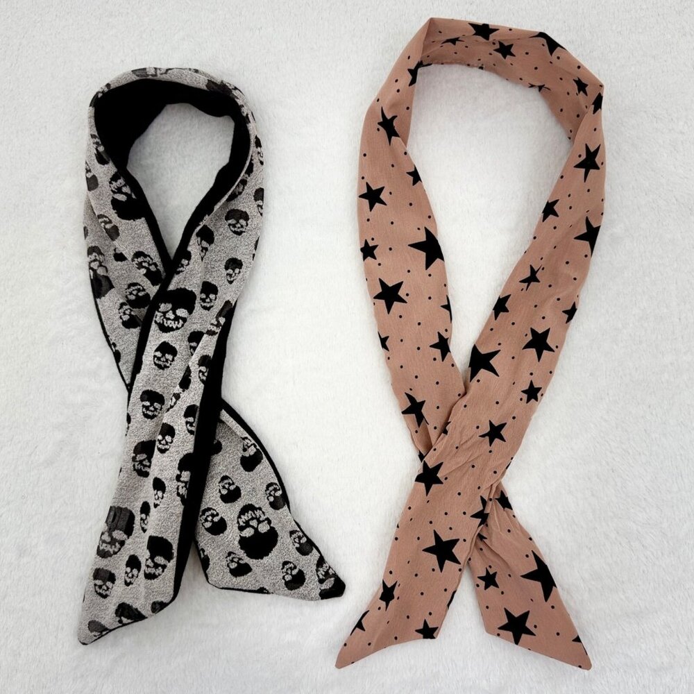 Two (2) Bendable Women Headbands Twist Tie Bow Wired Stars Skulls